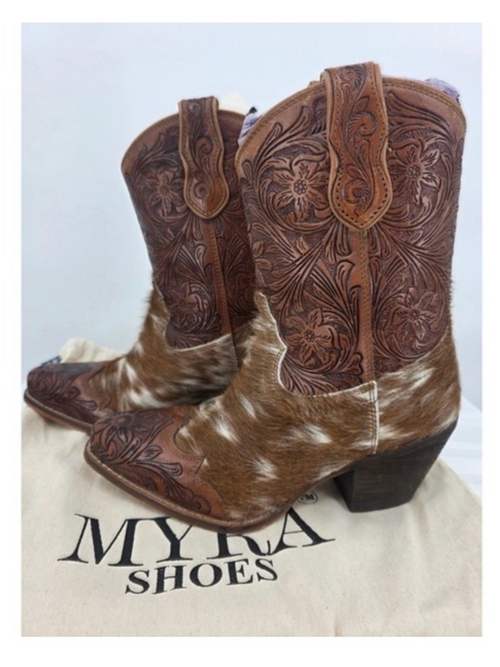 MYRA- Kelsey Anne Hair-on Hide Hand-tooled Leather Boots Brown/Cream Size 6 NWT - Picture 5 of 9